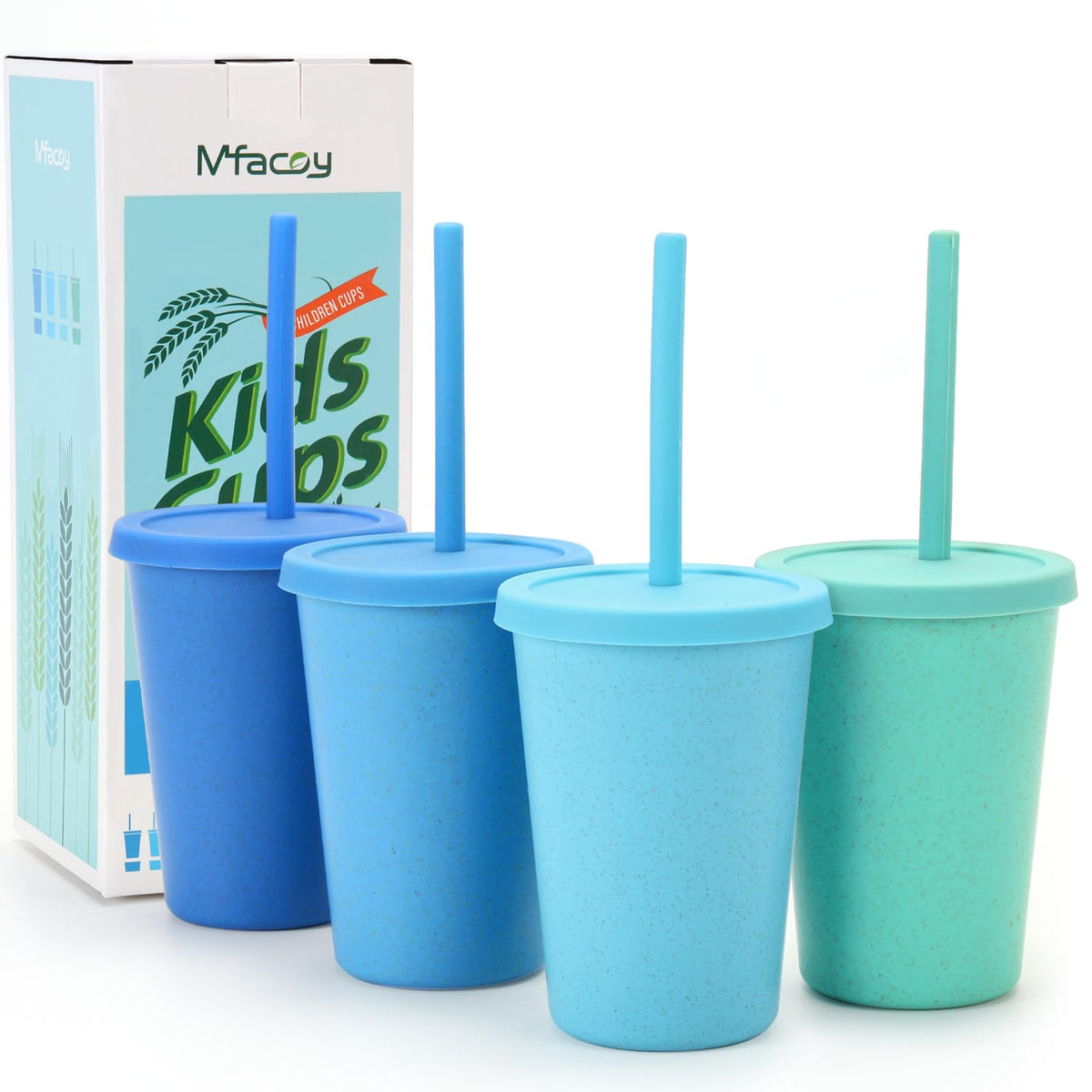 Mfacoy 4-pack wheat straw cups viewed from above in vibrant colors for kids' meals.