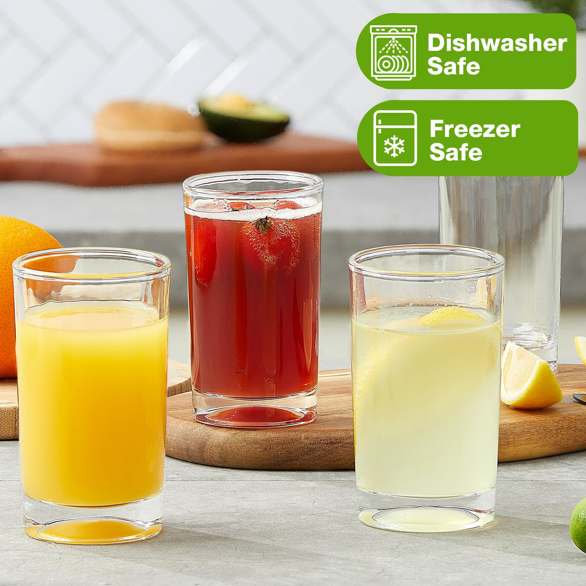 Mfacoy 5.5-ounce glasses with heavy bottoms for stability.
