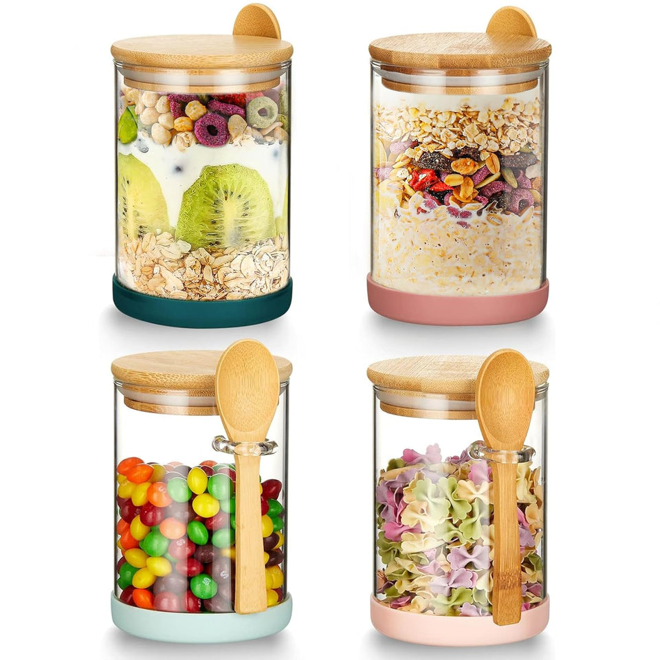 Mfacoy airtight glass jar with bamboo lid 17oz keeps pantry ingredients fresh and visible.
