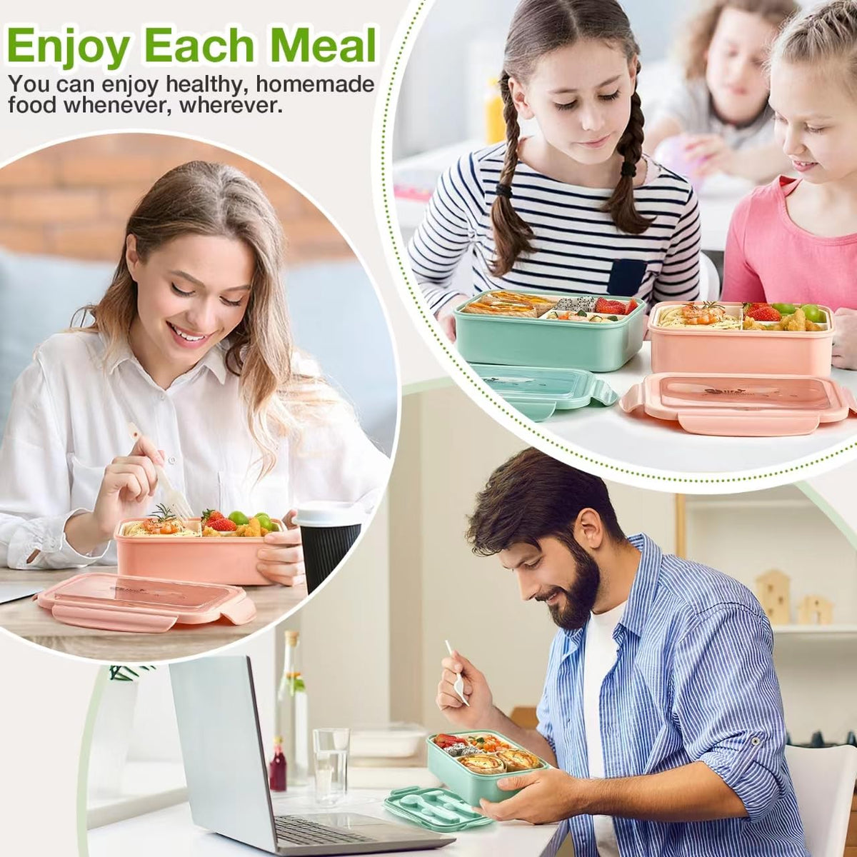 Mfacoy bento box with three compartments for organized meals.