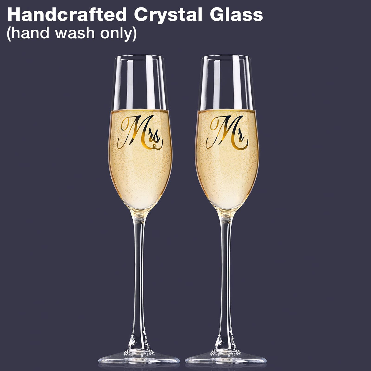 Mfacoy engraved Mr and Mrs flutes highlighting personalized wedding memories.