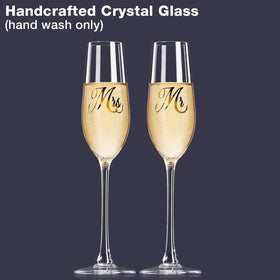 Mfacoy engraved Mr and Mrs flutes highlighting personalized wedding memories.
