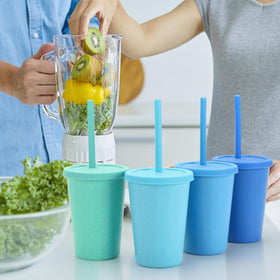 Mfacoy dishwasher-safe wheat straw cups for easy cleanup.