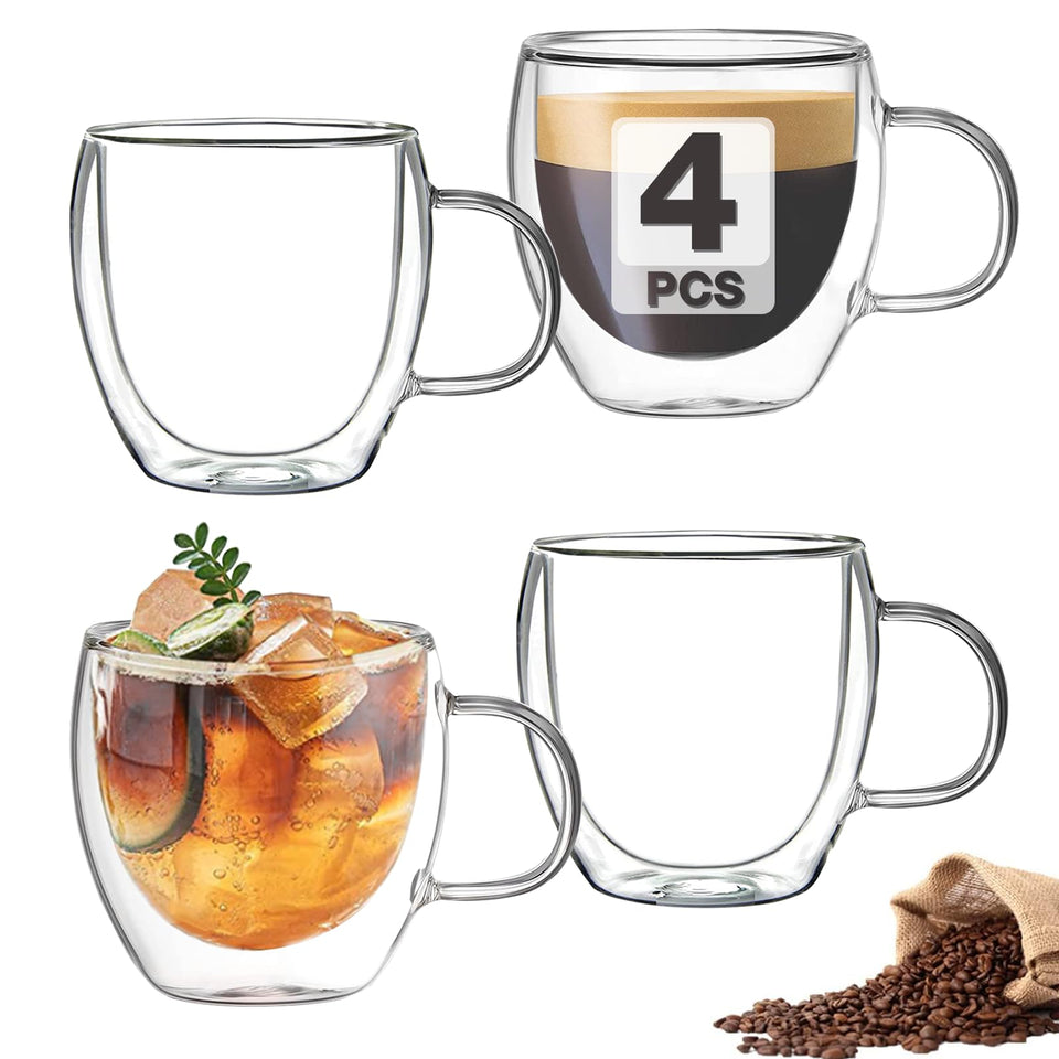 Mfacoy double-wall espresso cups front view showing clear floating beverage