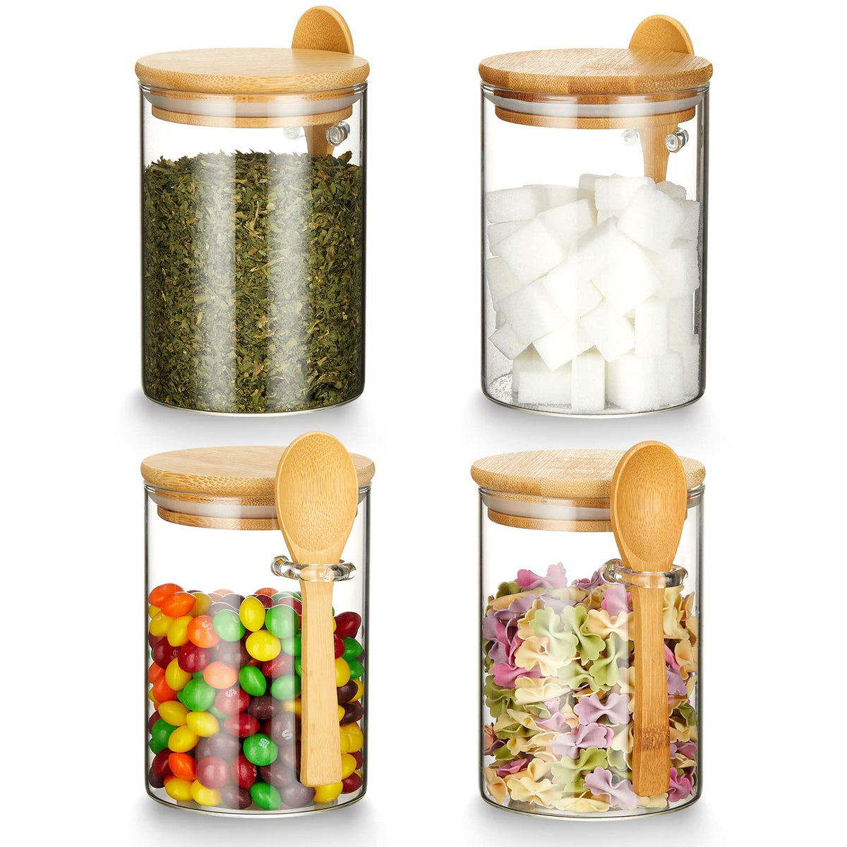 Mfacoy 17 oz jars with attached spoons ideal for quick portioning.