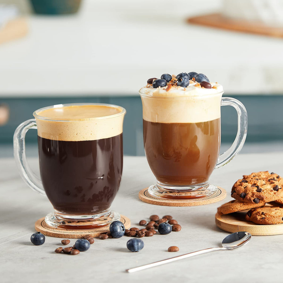 Mfacoy mug on table with hot drink, showcasing stability.