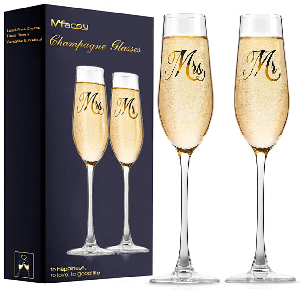 Mfacoy Mr and Mrs champagne flutes set for elegant wedding toasts.