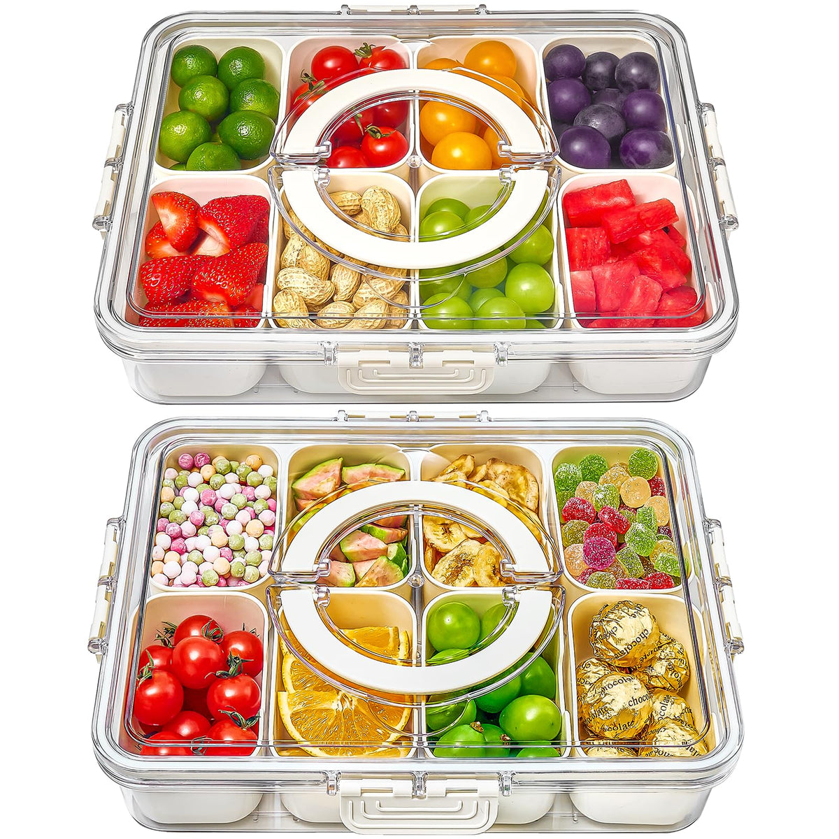 Mfacoy Snackle Box container with 8 compartments and lid for organized snacks on the go.