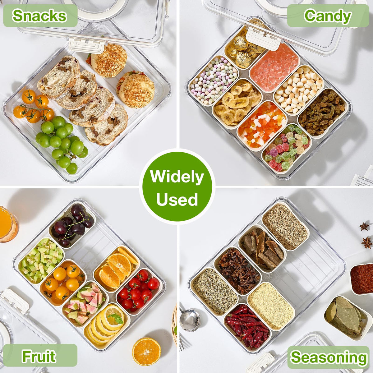 Mfacoy Snackle Box container is space-saving and stackable for fridge storage.