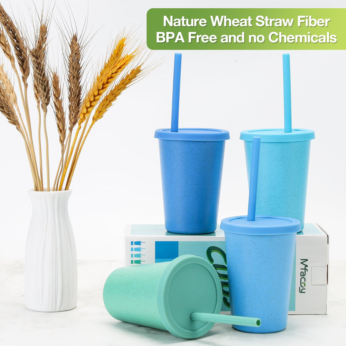 Mfacoy wheat straw cups with lids and straws for spill-safe beverages.
