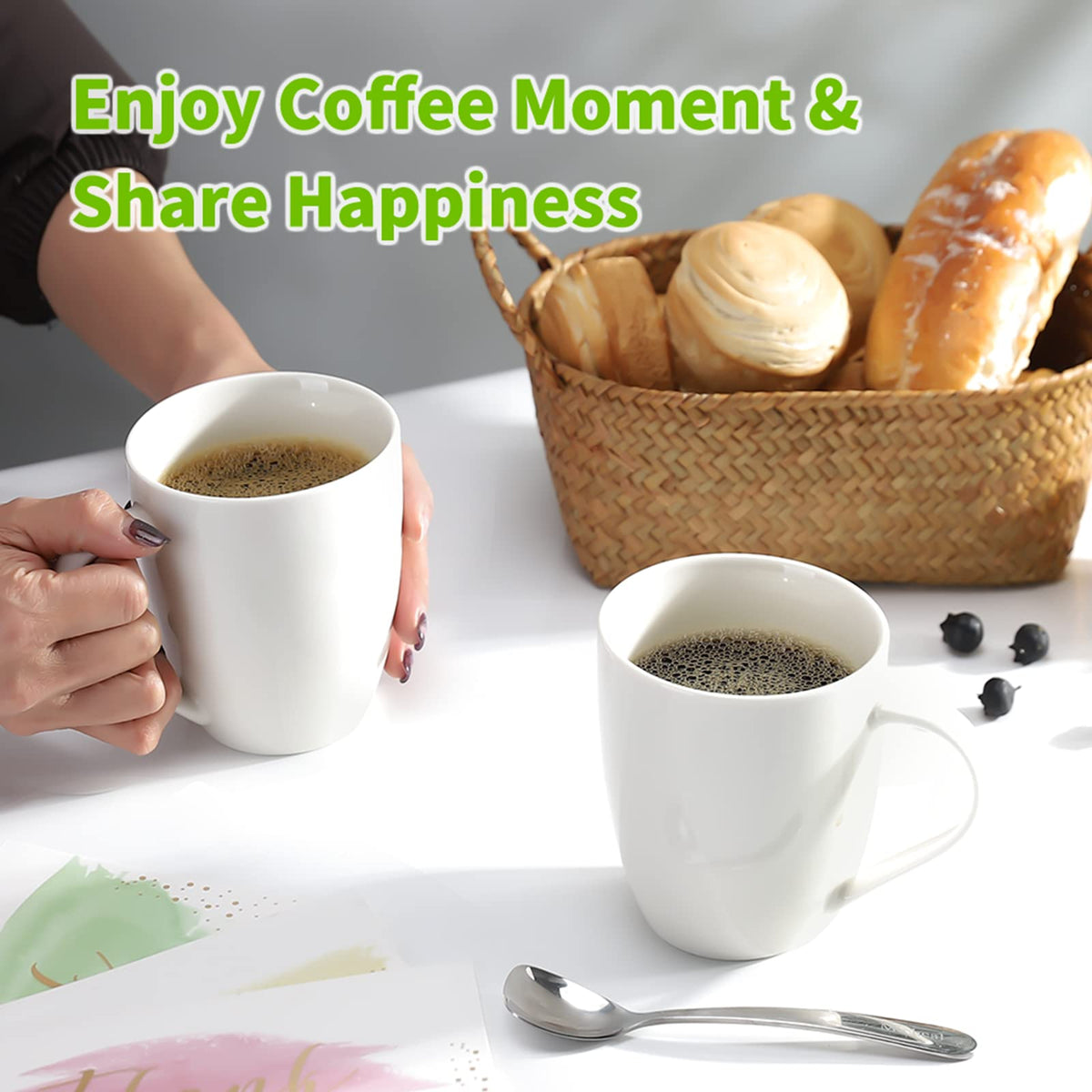 Mfacoy white mug set on dining table, versatile for cocoa or cereals