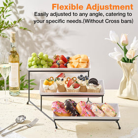 Mfacoy white multi-tier display presenting desserts and snacks neatly