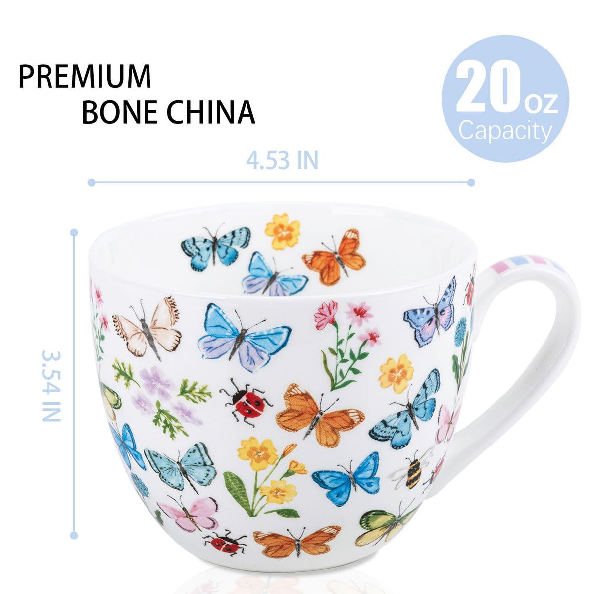 MFoffice Colorful Butterfly Mug hands-hug view showing ergonomic grip for warm beverages.