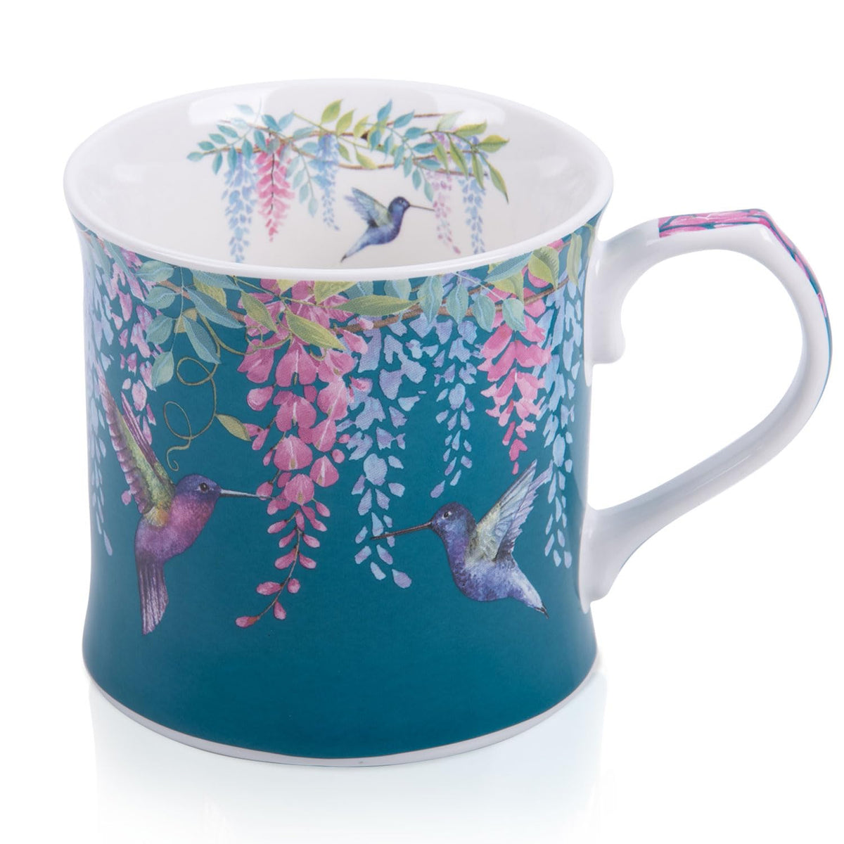 MFoffice Spring Hummingbird Mug with teal glaze and fluttering birds for daily coffee.