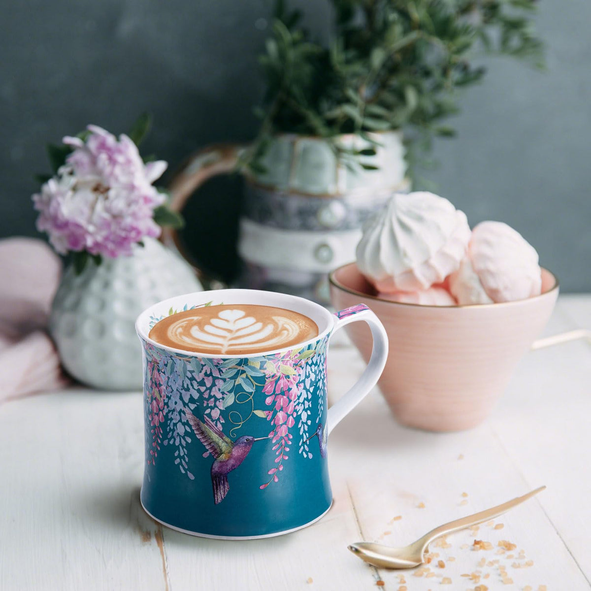 MFoffice hummingbird and wisteria motif mug in teal enhances spring tea moments.