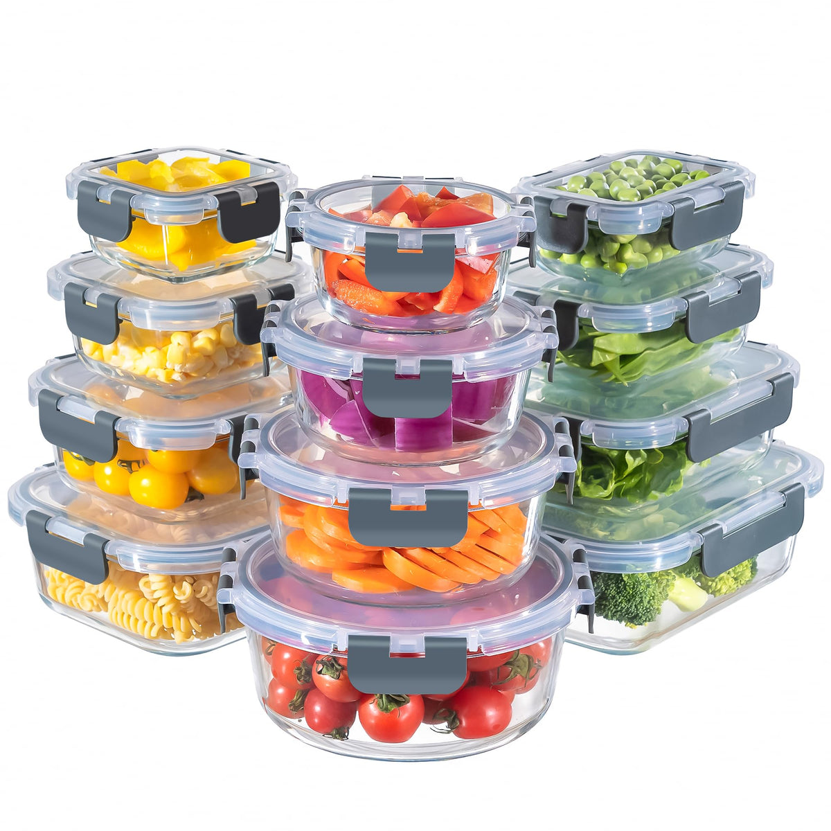 MFY 12-pack glass storage containers with lids for organized meal prep.