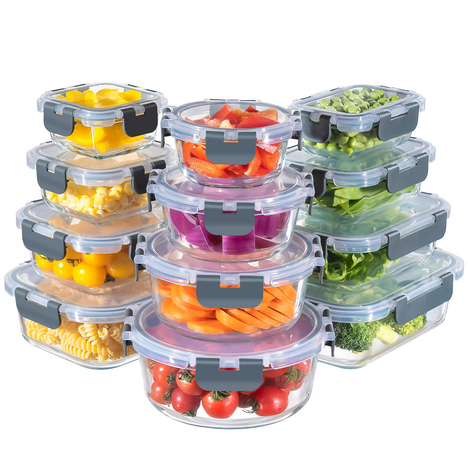 MFY 12-pack glass storage containers with lids for organized meal prep.