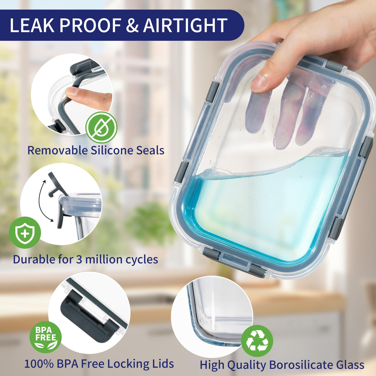 MFY airtight lids show silicone seals for leak-proof storage.