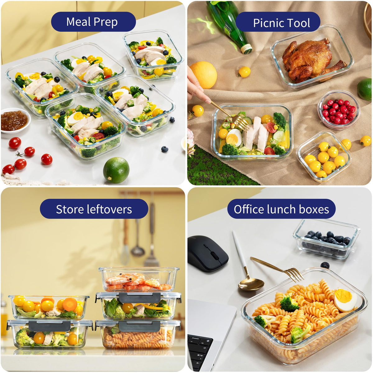 MFY stackable design with gray lids saves cabinet space.