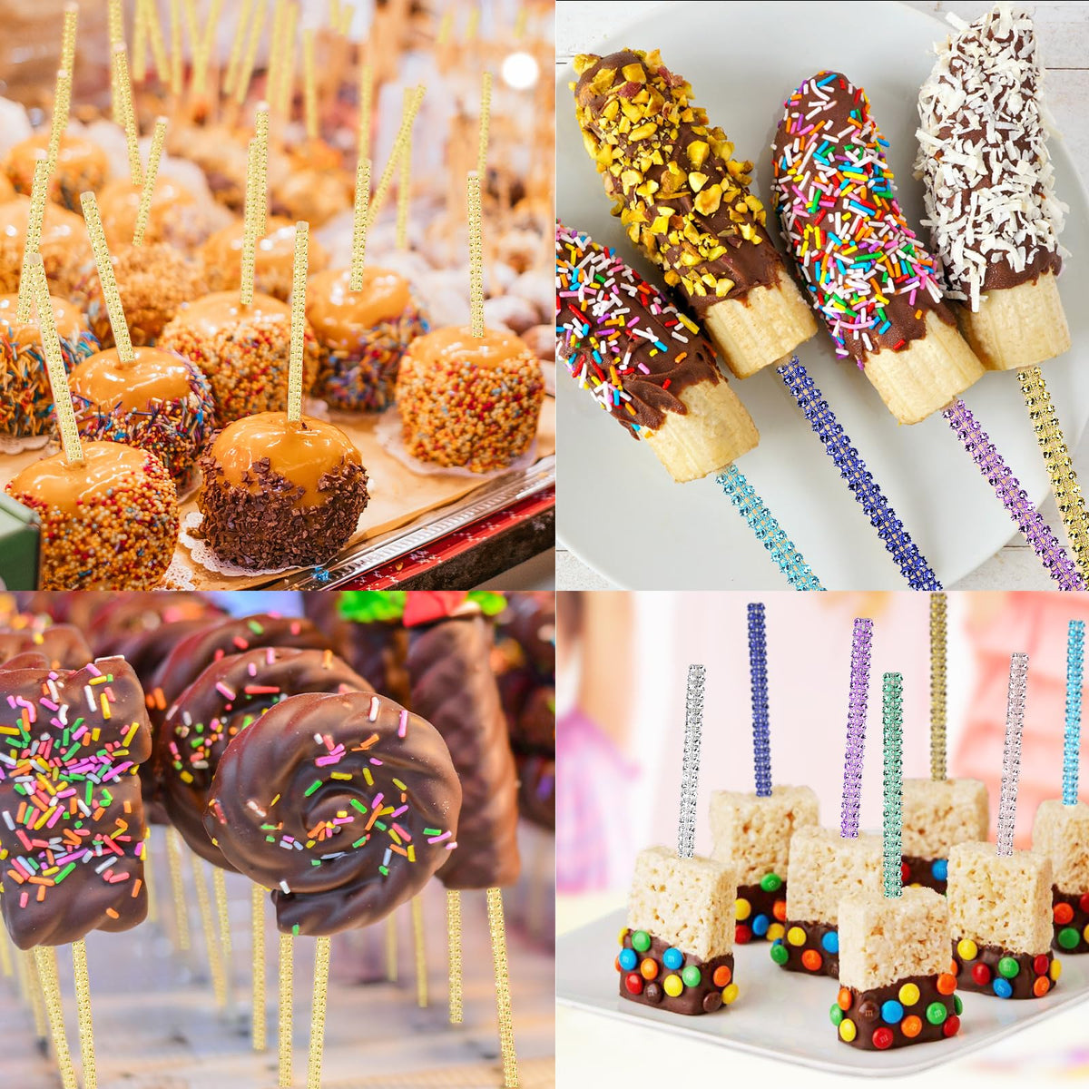 Versatile MGWOTH skewers fit candy apples and rice Krispie bars.