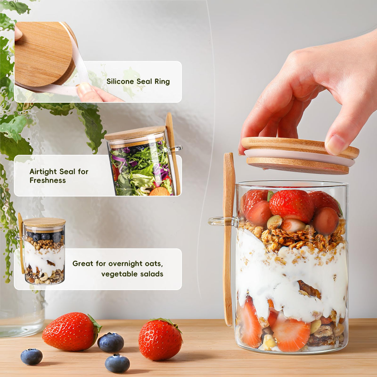 MHDCLY glass meal prep jar with wide mouth for easy filling and stirring.