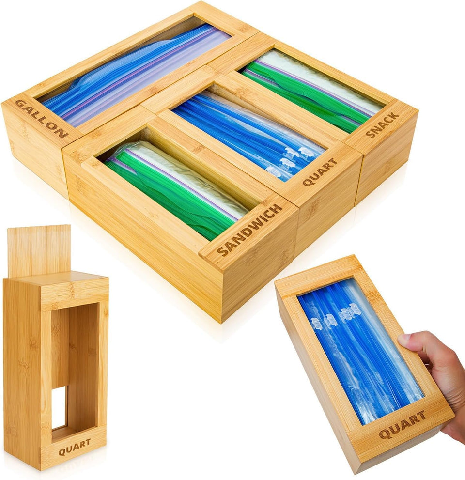mHomeBilt bamboo bag storage back with removable panel for easy refills.