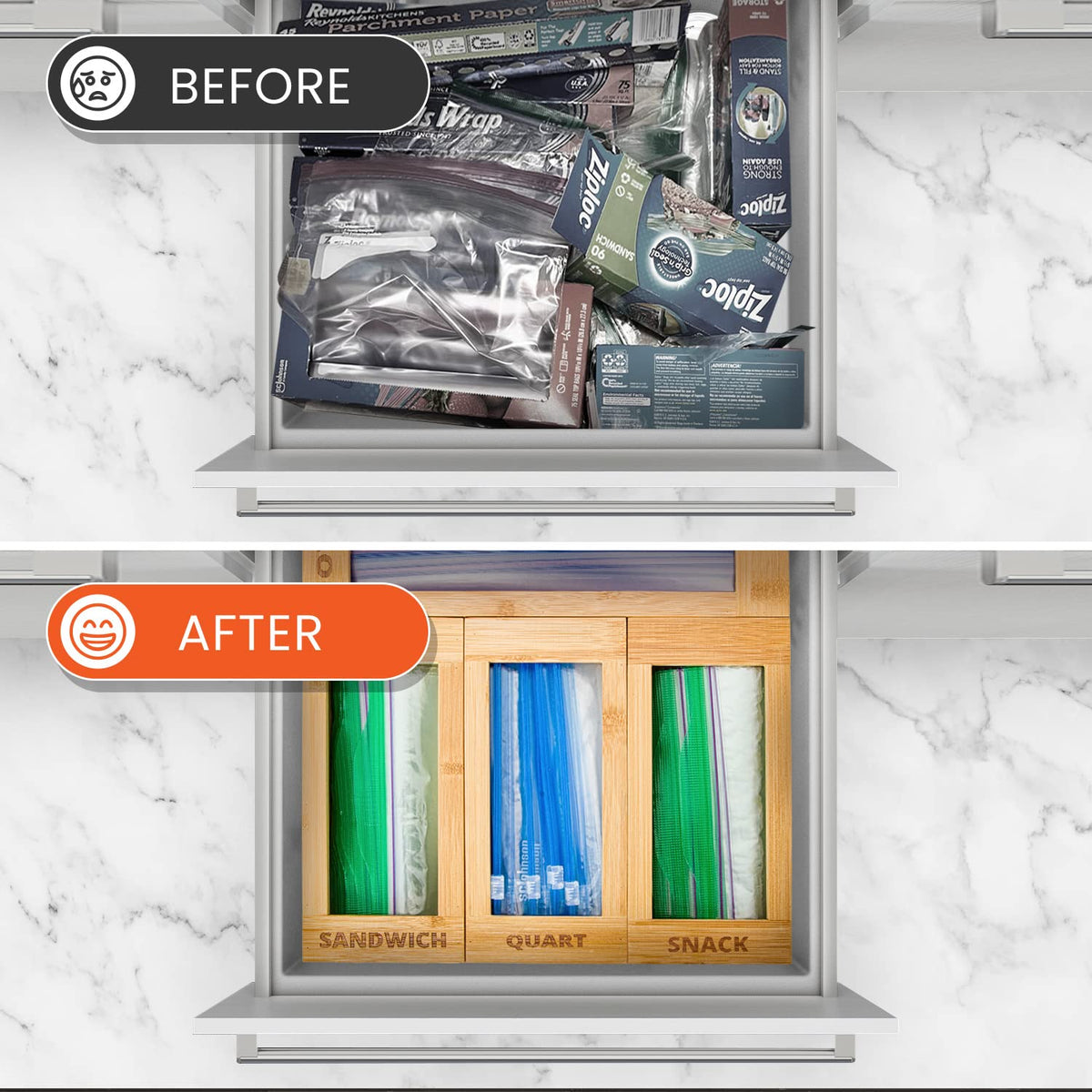 mHomeBilt bamboo bag storage drawer display keeps bags neatly organized in your drawer.