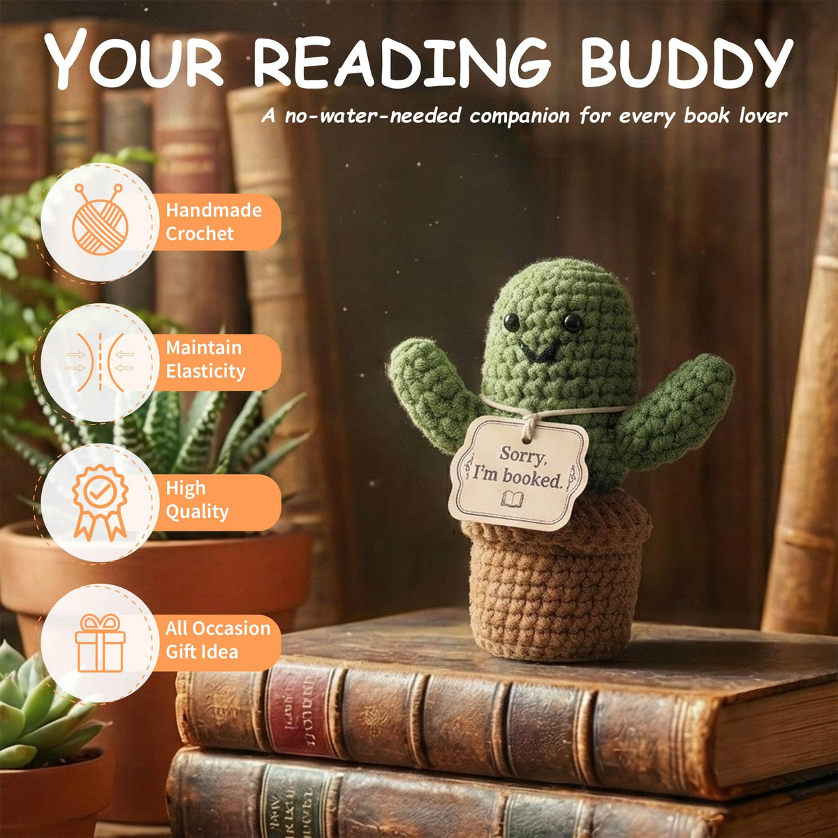 MHSMHL Crochet cactus reading companion decor adds whimsy to desks.