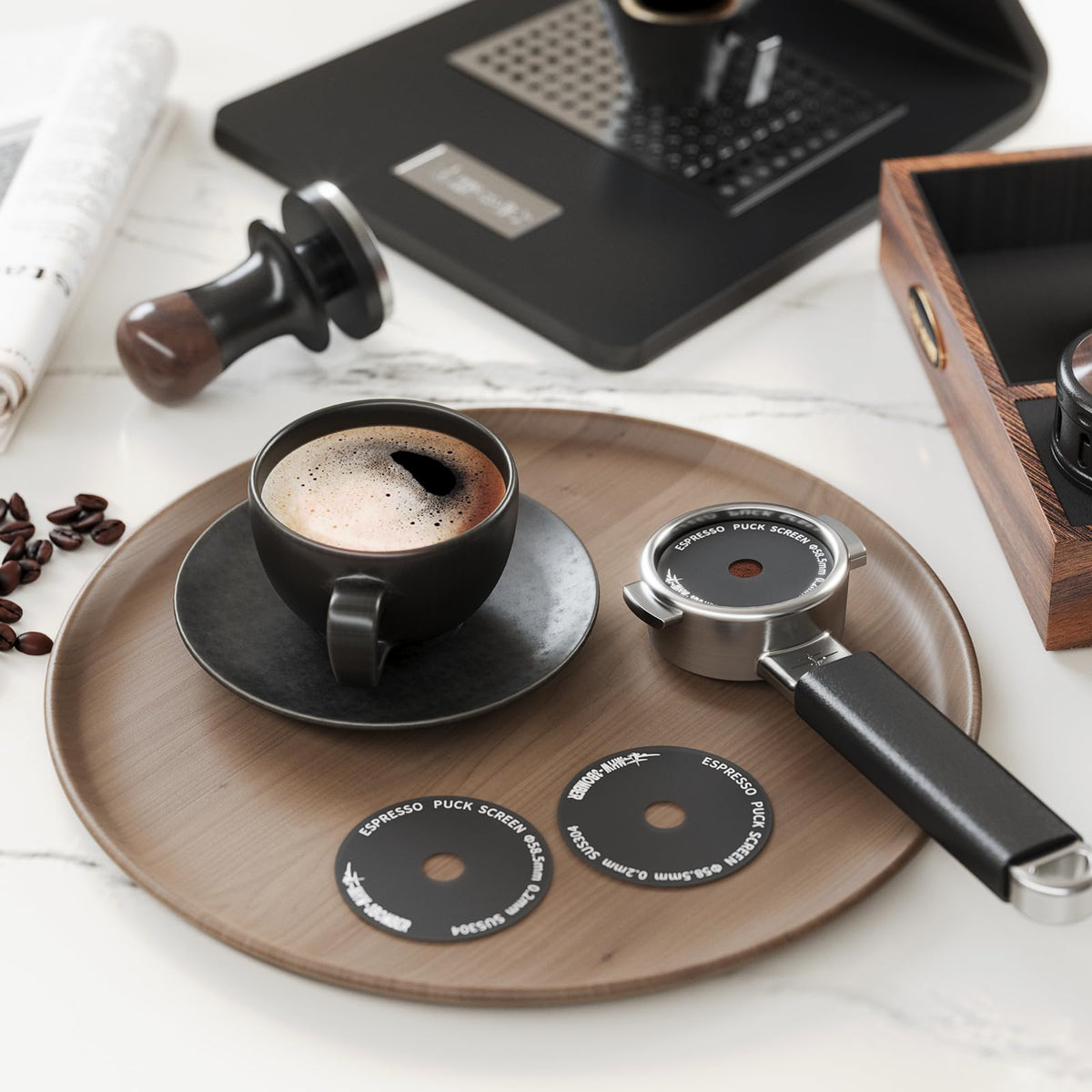 MHW-3BOMBER 54mm screen for consistent espresso puck and cleaner machine
