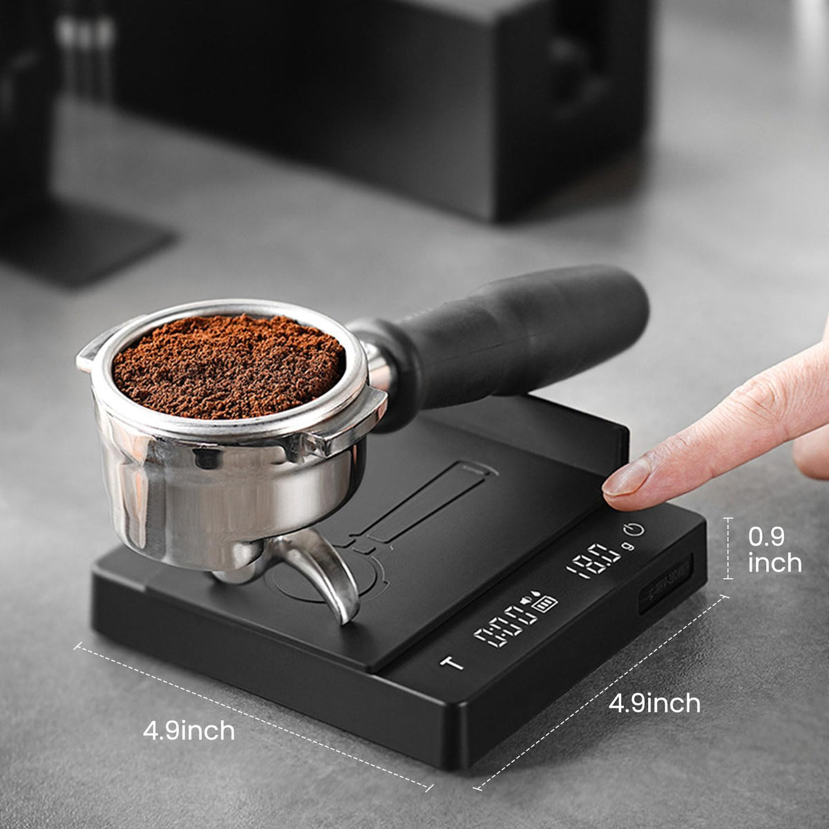 MHW-3BOMBER espresso scale compact size for small kitchens.