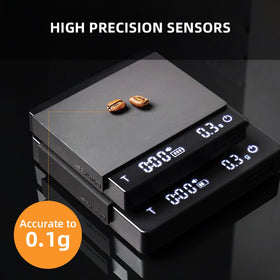 MHW-3BOMBER espresso scale digital display shows weight and timer.