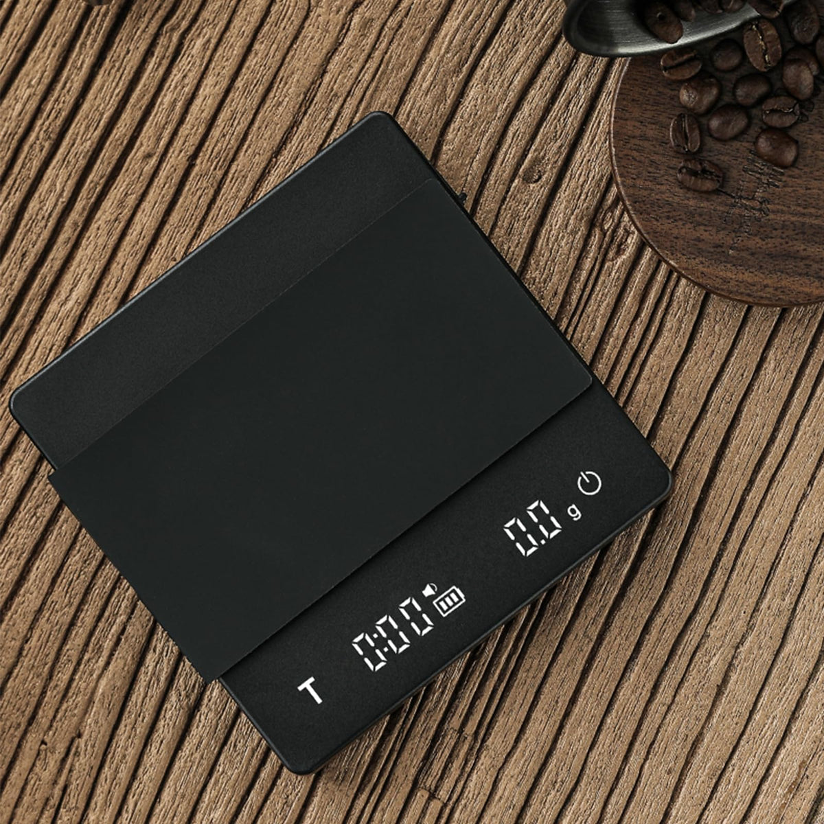 MHW-3BOMBER espresso scale kitchen-use setup in a home environment.