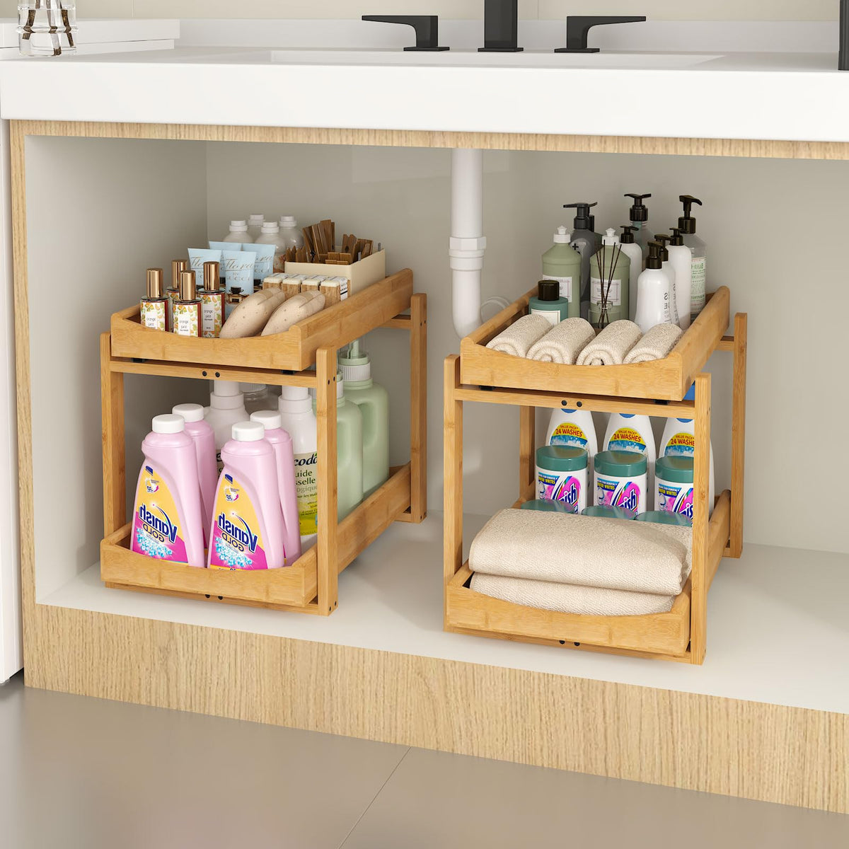 MHXW SXPN bamboo under-sink organizer in a compact rectangle maximizes cabinet space.