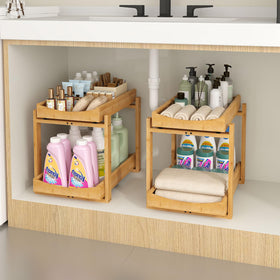 MHXW SXPN bamboo under-sink organizer in a compact rectangle maximizes cabinet space.