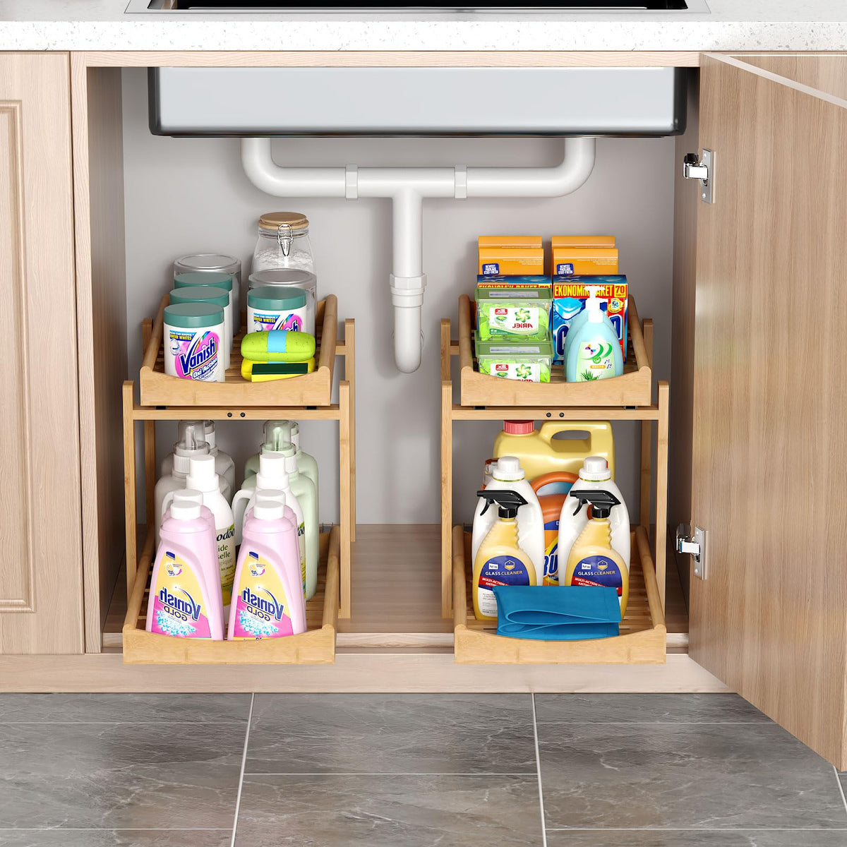 MHXW SXPN top-tier spaces optimize spray bottles and smaller items within reach.