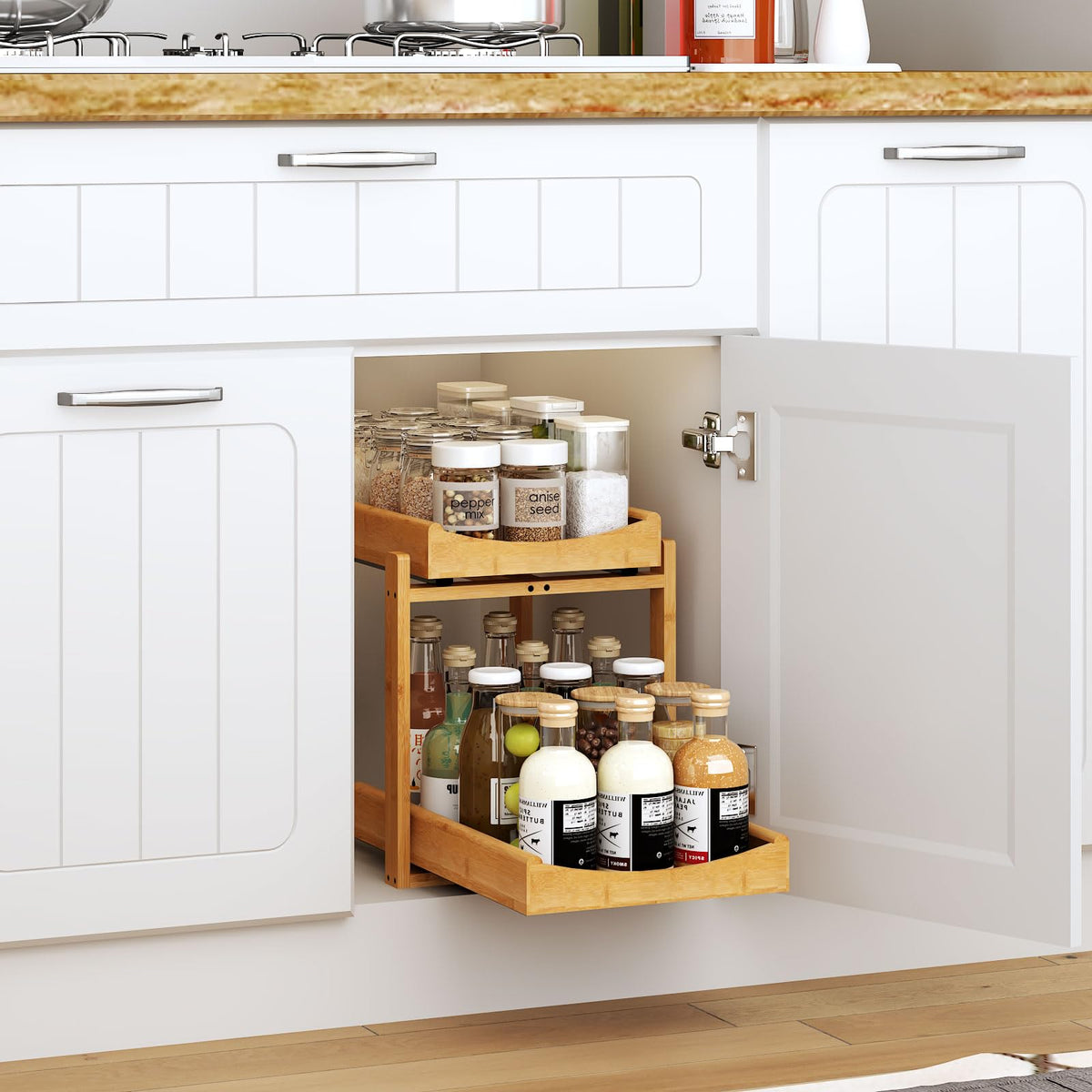 MHXW SXPN two-tier vertical slide-out shelf keeps bottles organized and accessible.