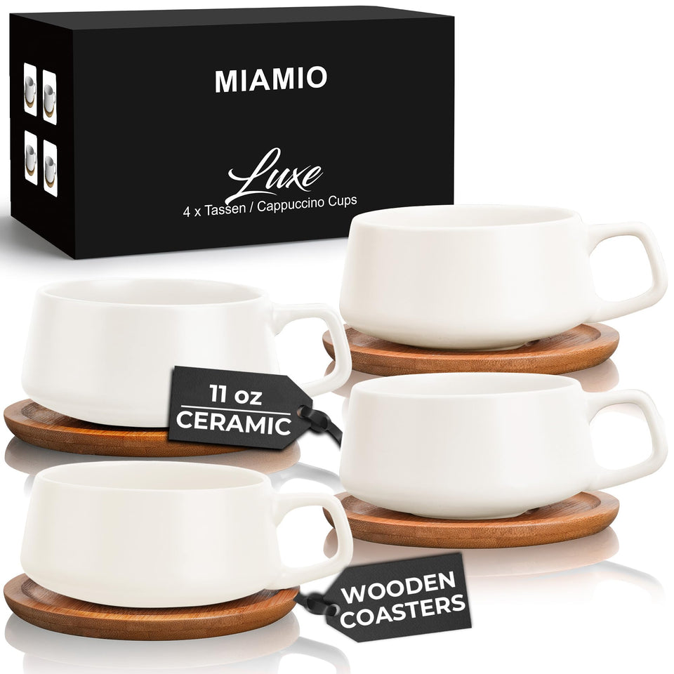 MIAMIO 11oz tea cup set with wooden saucers, sleek white ceramic for daily coffee or tea.