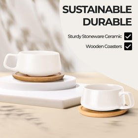MIAMIO bamboo coasters with coffee mugs provide stable serving and protection.