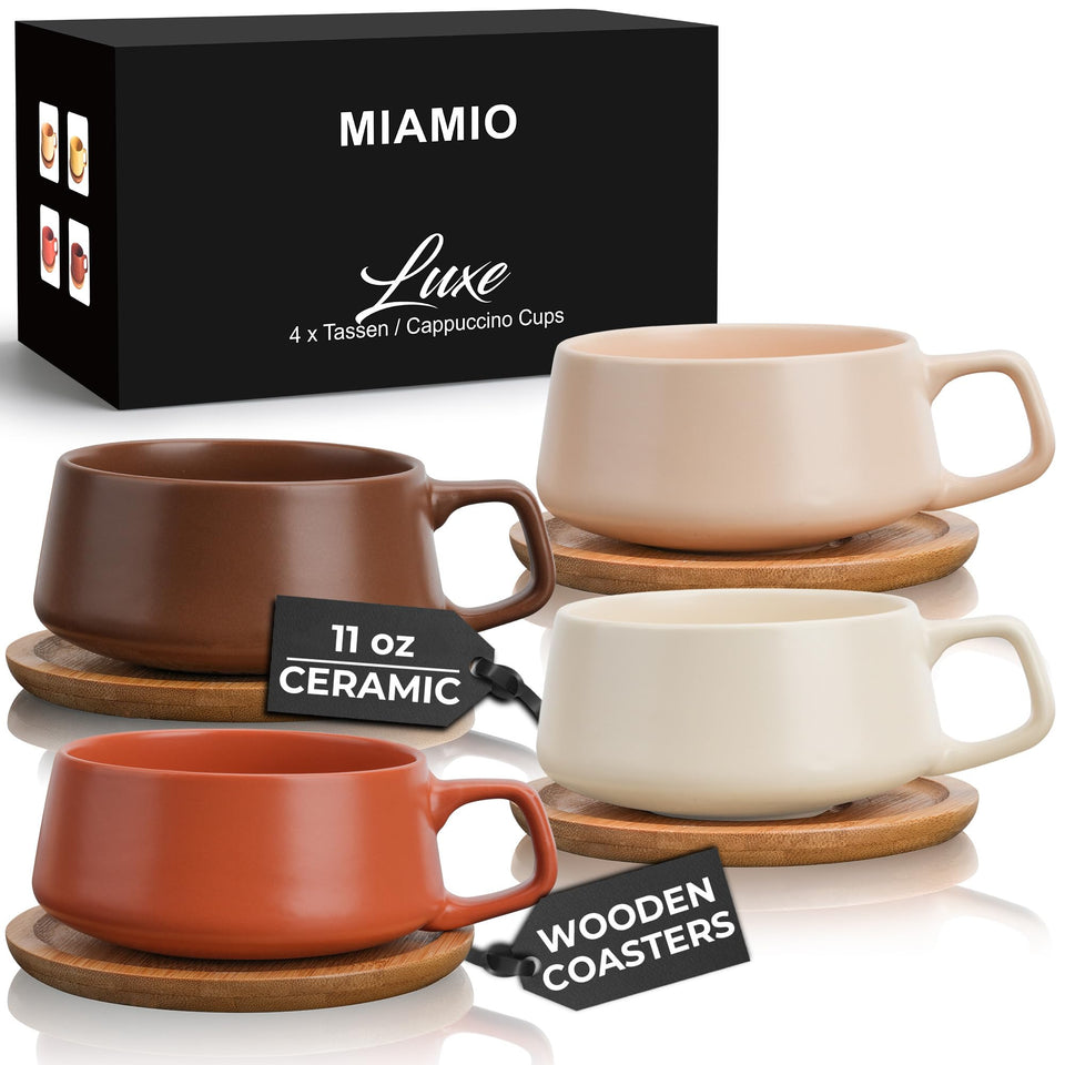 MIAMIO Luxe 11oz tea cup set with wooden saucers for elegant daily coffee