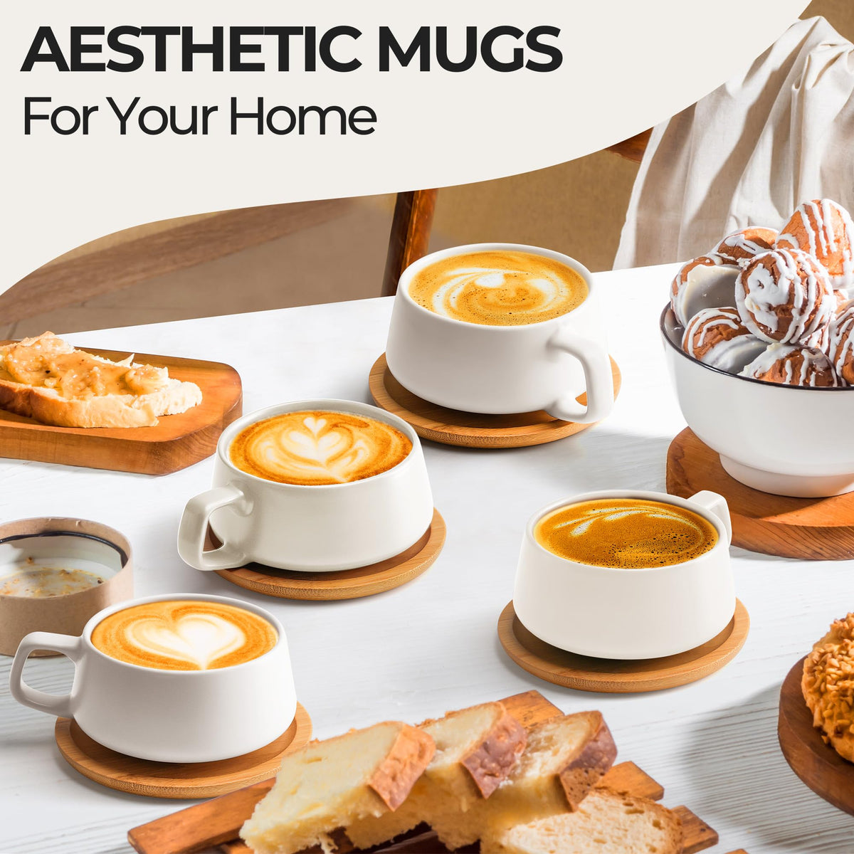 MIAMIO luxe ceramic mugs in white with a glossy finish, ideal for cappuccino and latte.