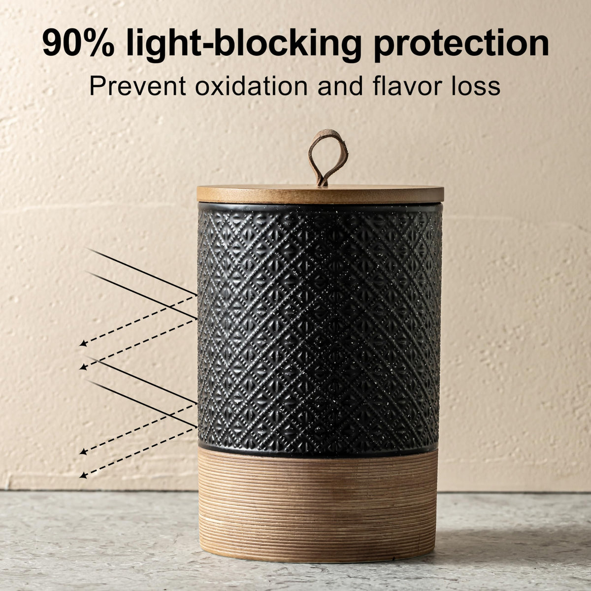 Miamolo airtight wooden lid locks in aroma and moisture control.