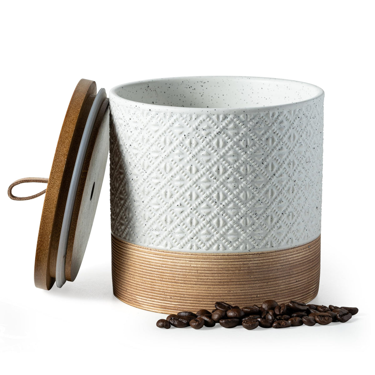 Miamolo 42oz ceramic coffee container with airtight lid keeps beans fresh.