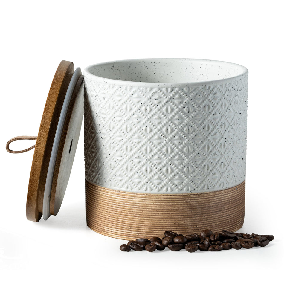 Miamolo 42oz ceramic coffee container with airtight lid keeps beans fresh.