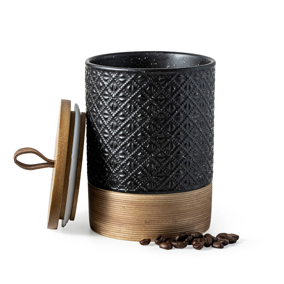 Miamolo ceramic jar with lid showing airtight coffee storage.