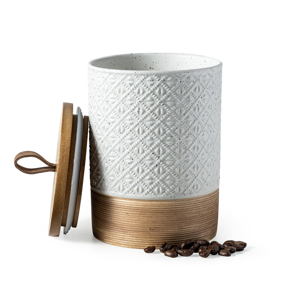 Miamolo coffee canister with airtight wooden lid on display