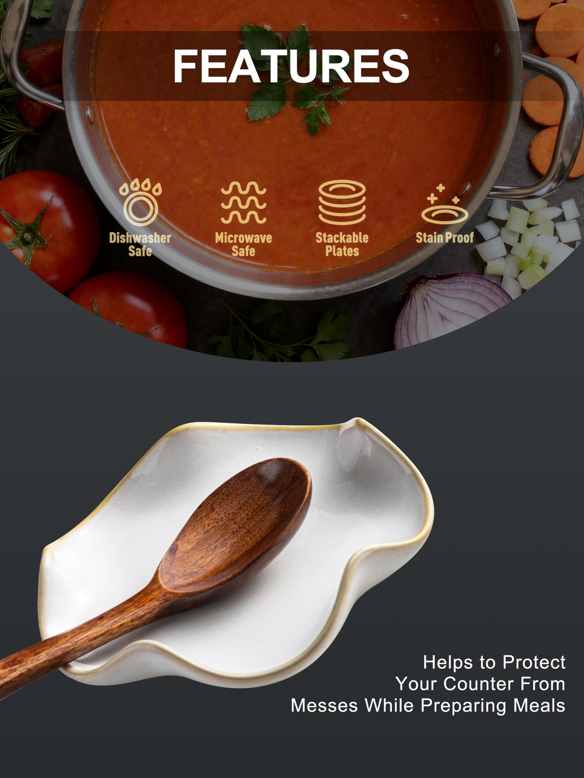 Miamolo ceramic spoon rest sits on stove top, protecting counters from drips.