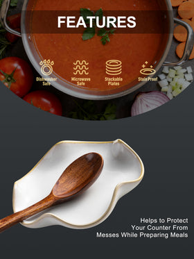 Miamolo ceramic spoon rest sits on stove top, protecting counters from drips.