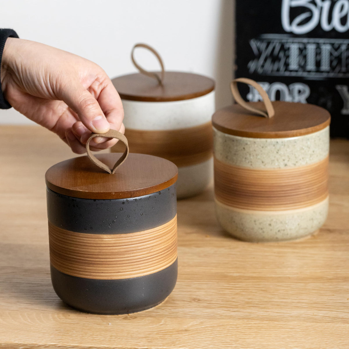 Miamolo stackable ceramic jars with lids save counter space and tidy storage.
