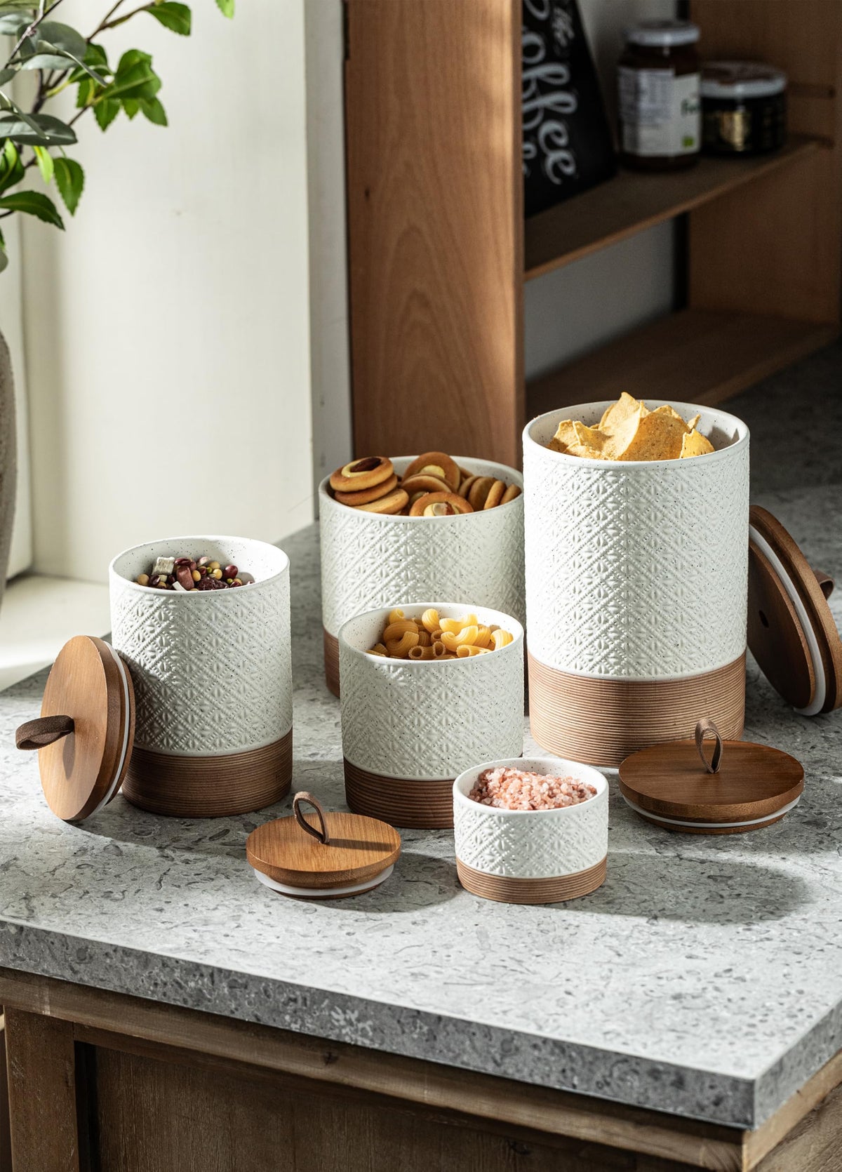 Stackable Miamolo jars saving space in a cabinet