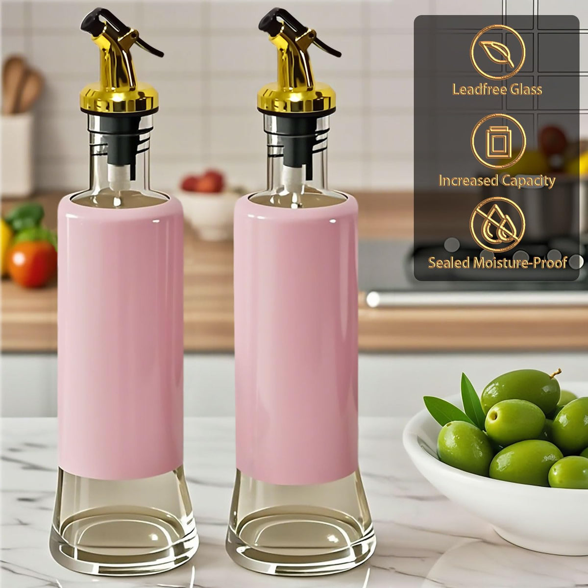 Dispenser demonstrates non-drip spout for one-handed, precise pouring.